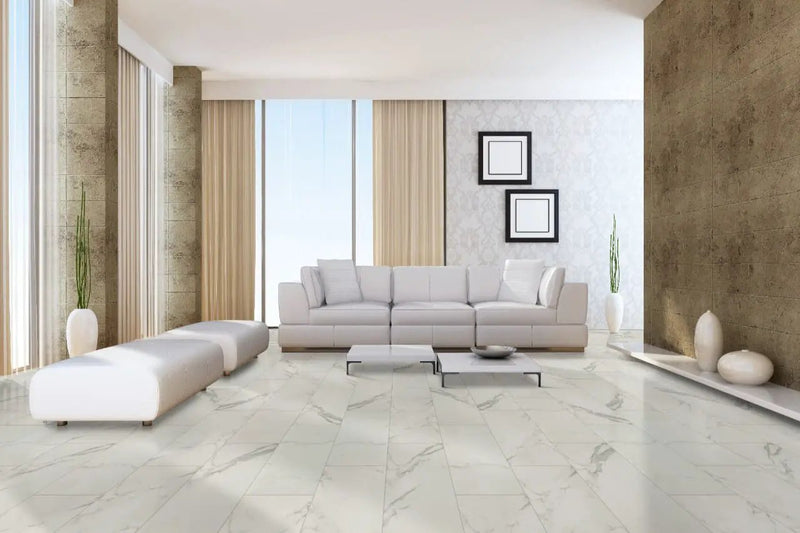 Regallo Calacatta Isla Matte Marble Look Porcelain Tiles 12x24 in a finished room