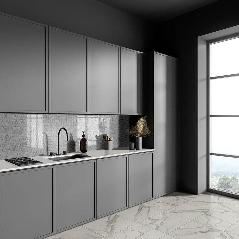 Regallo Calacatta Isla Matte Marble Look Porcelain Tiles 24x48 in a finished room