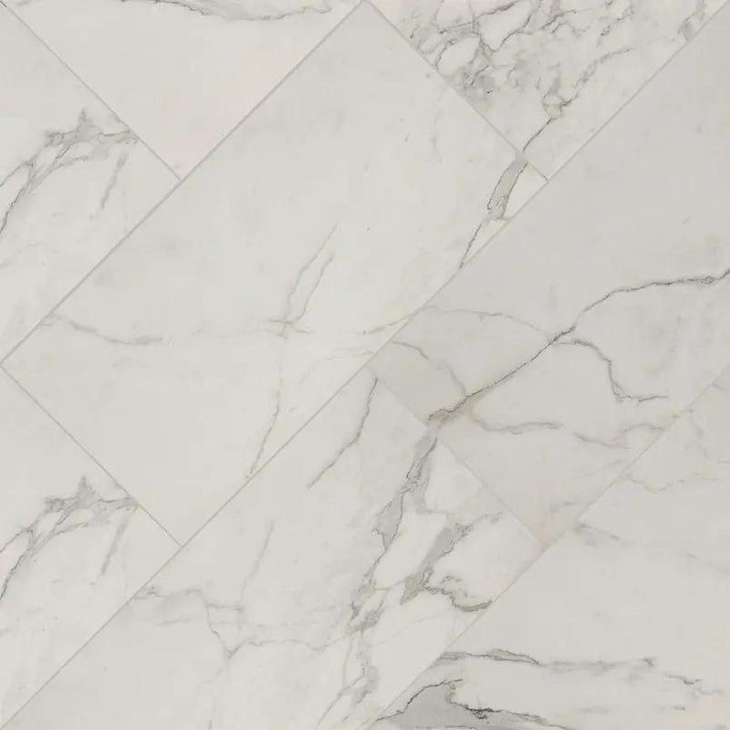 Regallo Calacatta Isla Matte Marble Look Porcelain Tiles 12x24 angled view