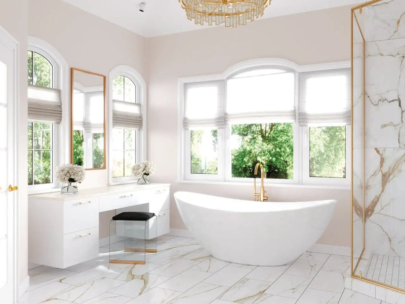 Regallo Calacatta Marbella Polished Marble Look Porcelain Tiles 24x24 in a finished room