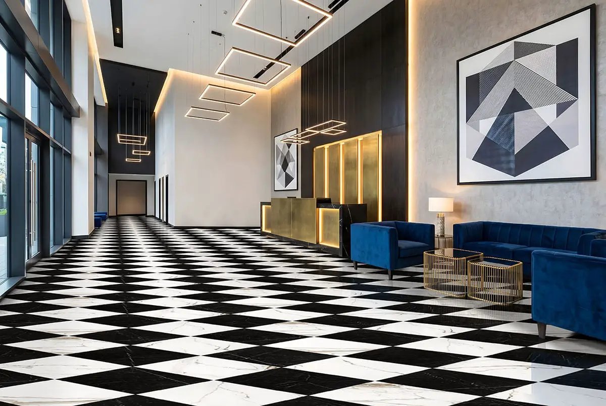 Regallo Calacatta Marbella Matte Marble Look Porcelain Tiles 12x24 in a finished room
