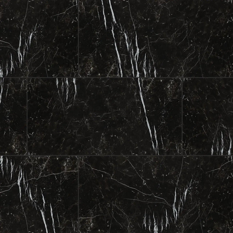 Regallo Marquina Noir Matte Marble Look Porcelain Tiles 12x24 close up