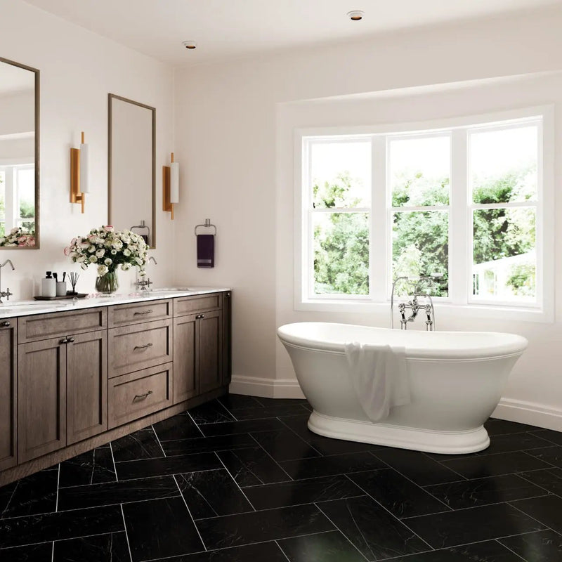 Regallo Marquina Noir Matte Marble Look Porcelain Tiles 12x24 in a finished room