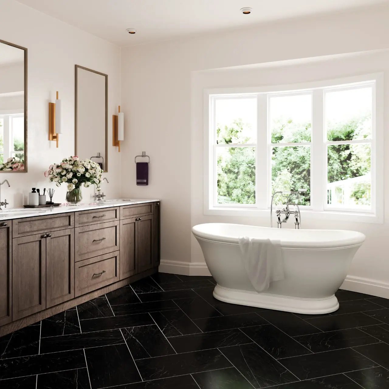 Regallo Marquina Noir Polished Marble Look Porcelain Tiles 12x24 in a finished room