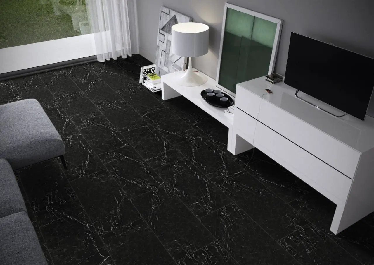 Regallo Marquina Noir Matte Marble Look Porcelain Tiles 12x24 in a finished room