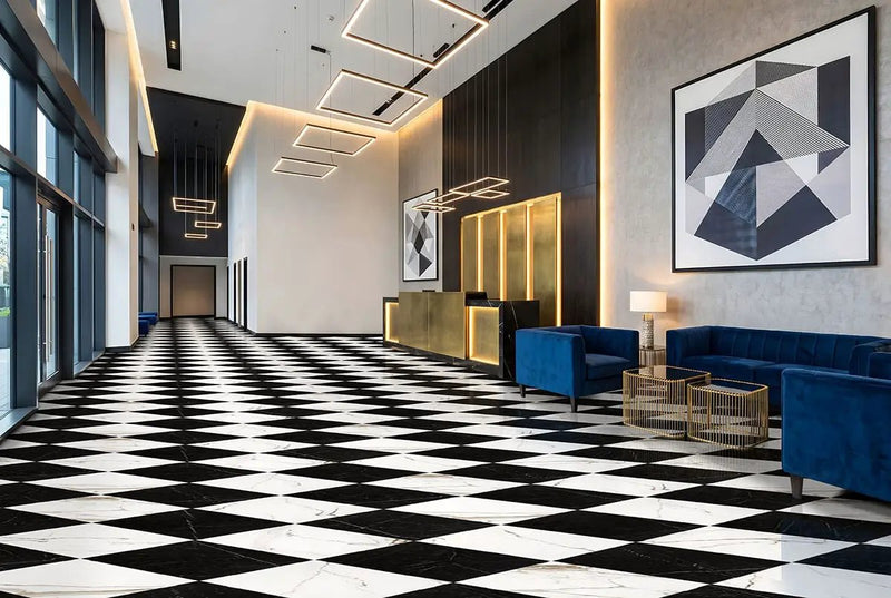 Regallo Marquina Noir Matte Marble Look Porcelain Tiles 12x24 in a finished room