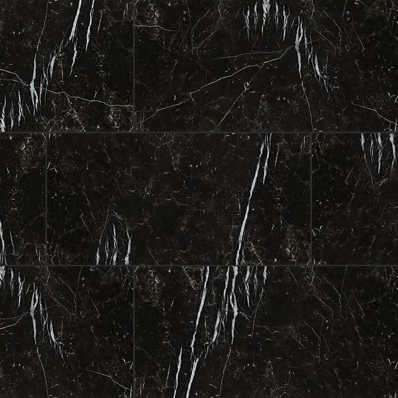 Regallo Marquina Noir Polished Marble Look Porcelain Tiles 12x24 close up