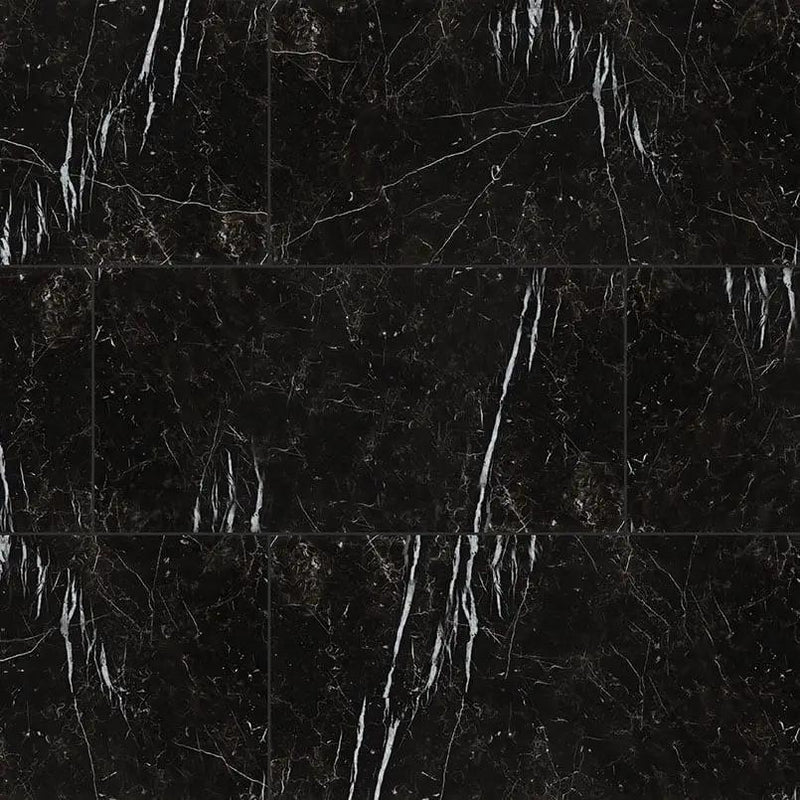 Regallo Marquina Noir Polished Marble Look Porcelain Tiles 12x24 close up