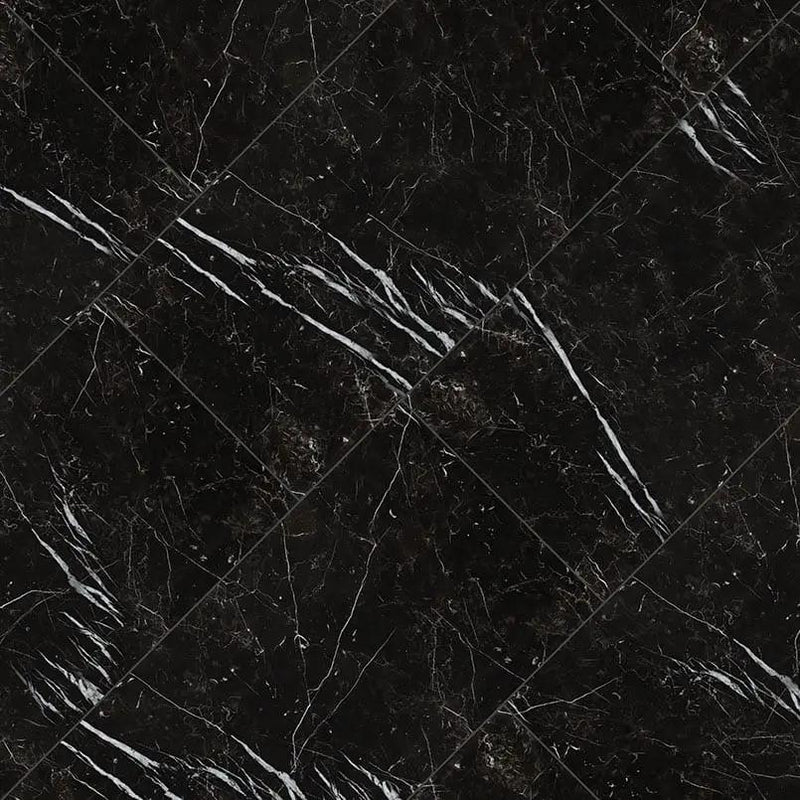 Regallo Marquina Noir Matte Marble Look Porcelain Tiles 24x24 angled view