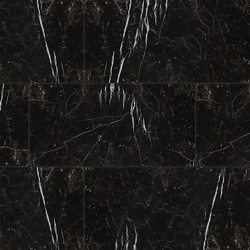 Regallo Marquina Noir Polished Marble Look Porcelain Tiles 24x48 close up
