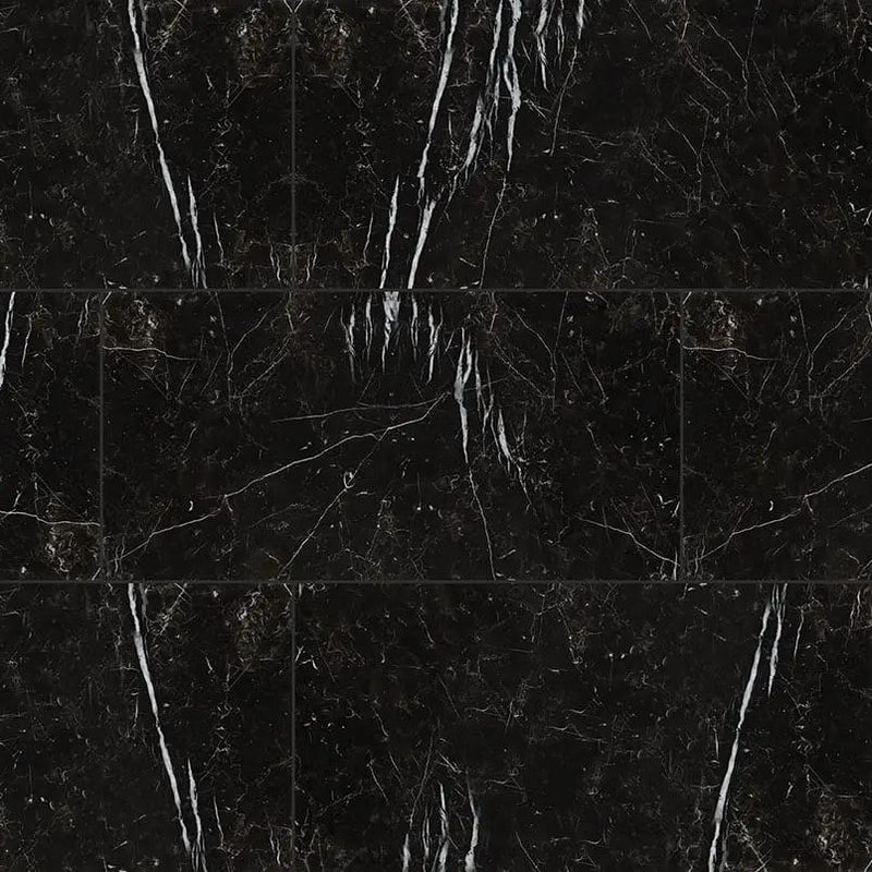Regallo Marquina Noir Polished Marble Look Porcelain Tiles 24x48 close up