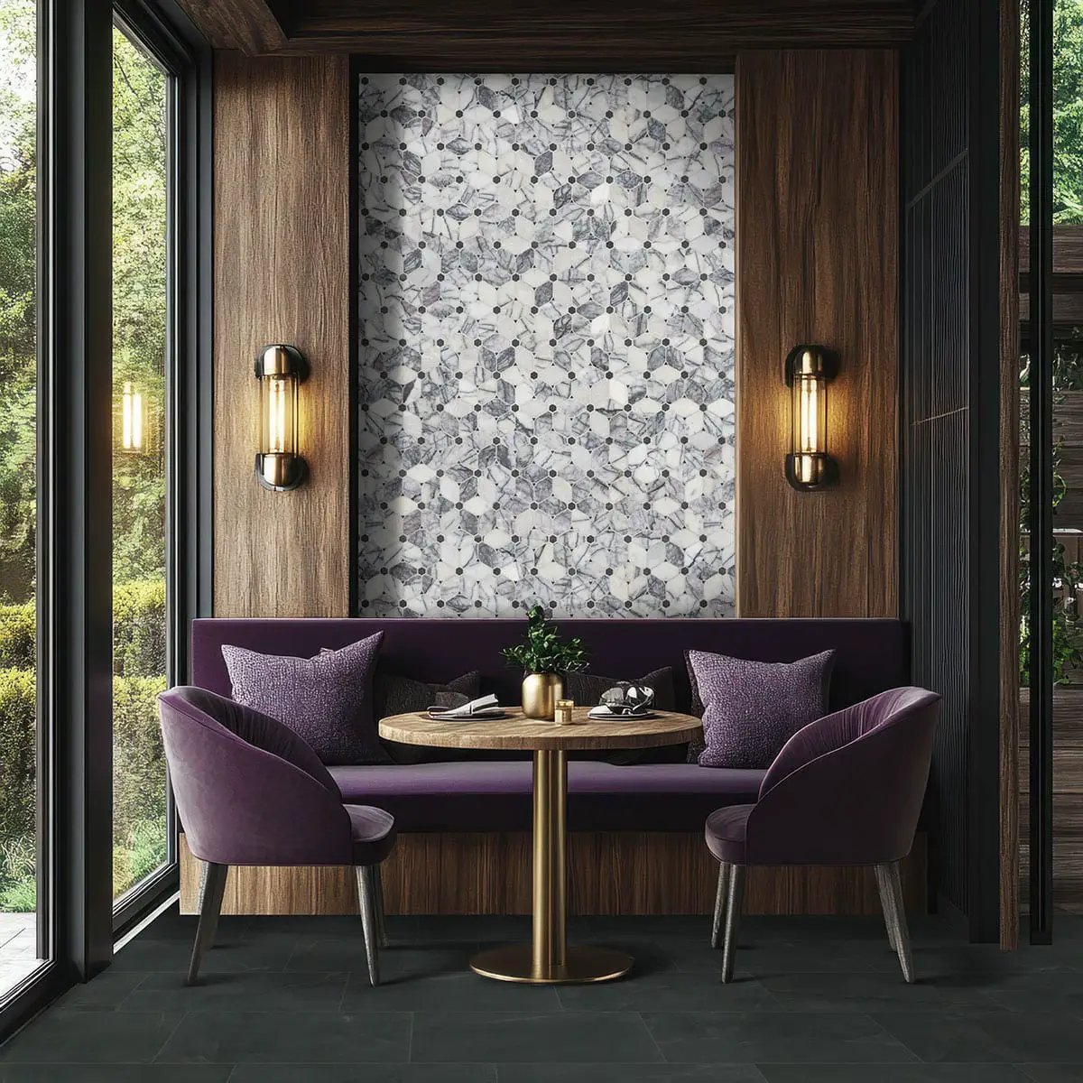 Regallo Midnight Agate Matte Bullnose Porcelain Moldings 3x24 Matte in a finished room