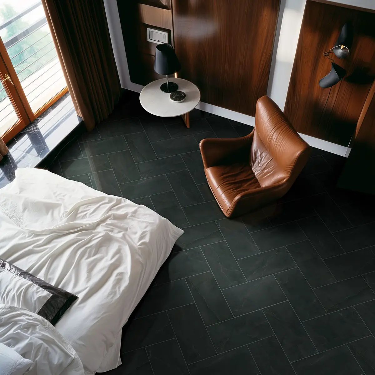 Regallo Midnight Agate Matte Bullnose Porcelain Moldings 3x24 Matte in a finished room