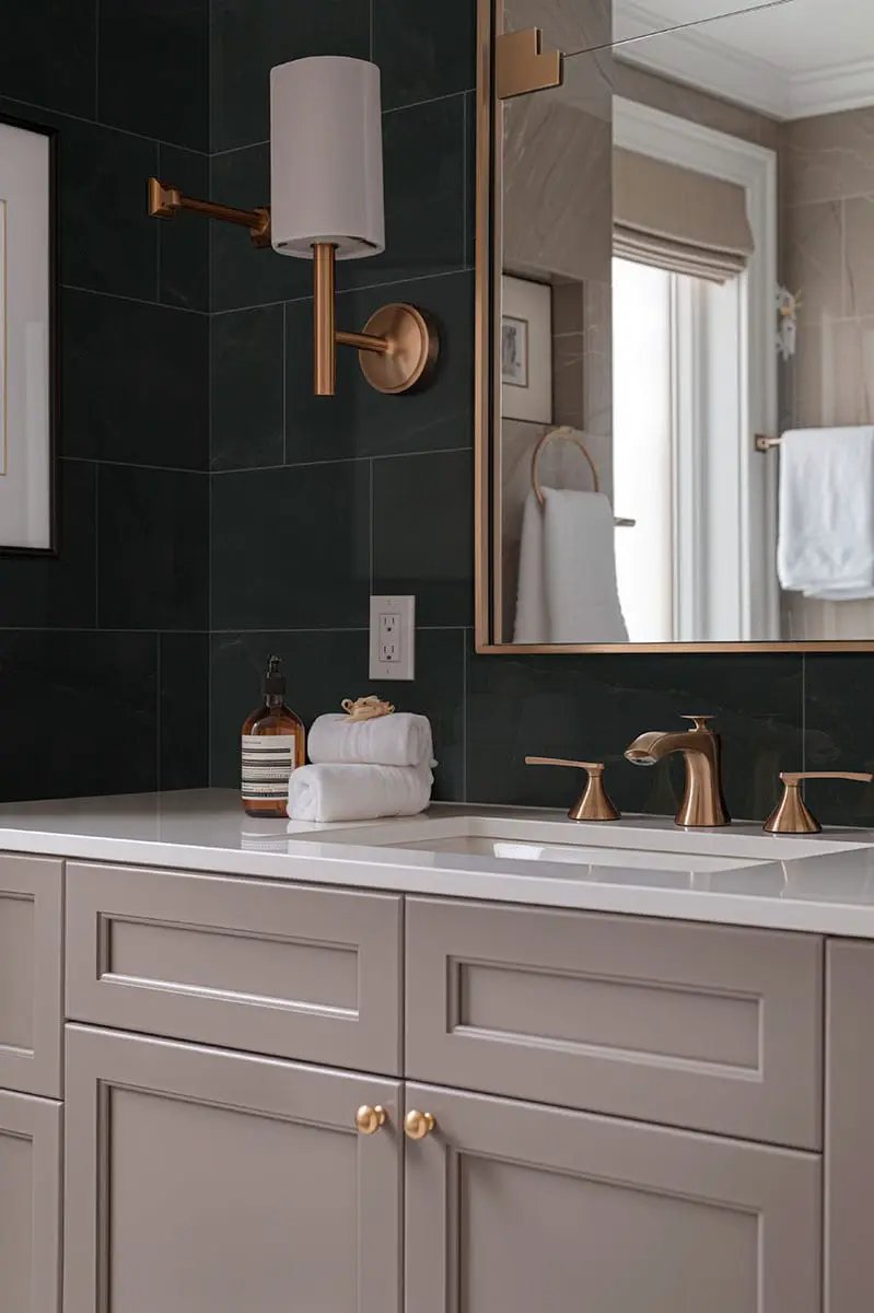 Regallo Midnight Agate Matte Bullnose Porcelain Moldings 3x24 Matte in a finished room