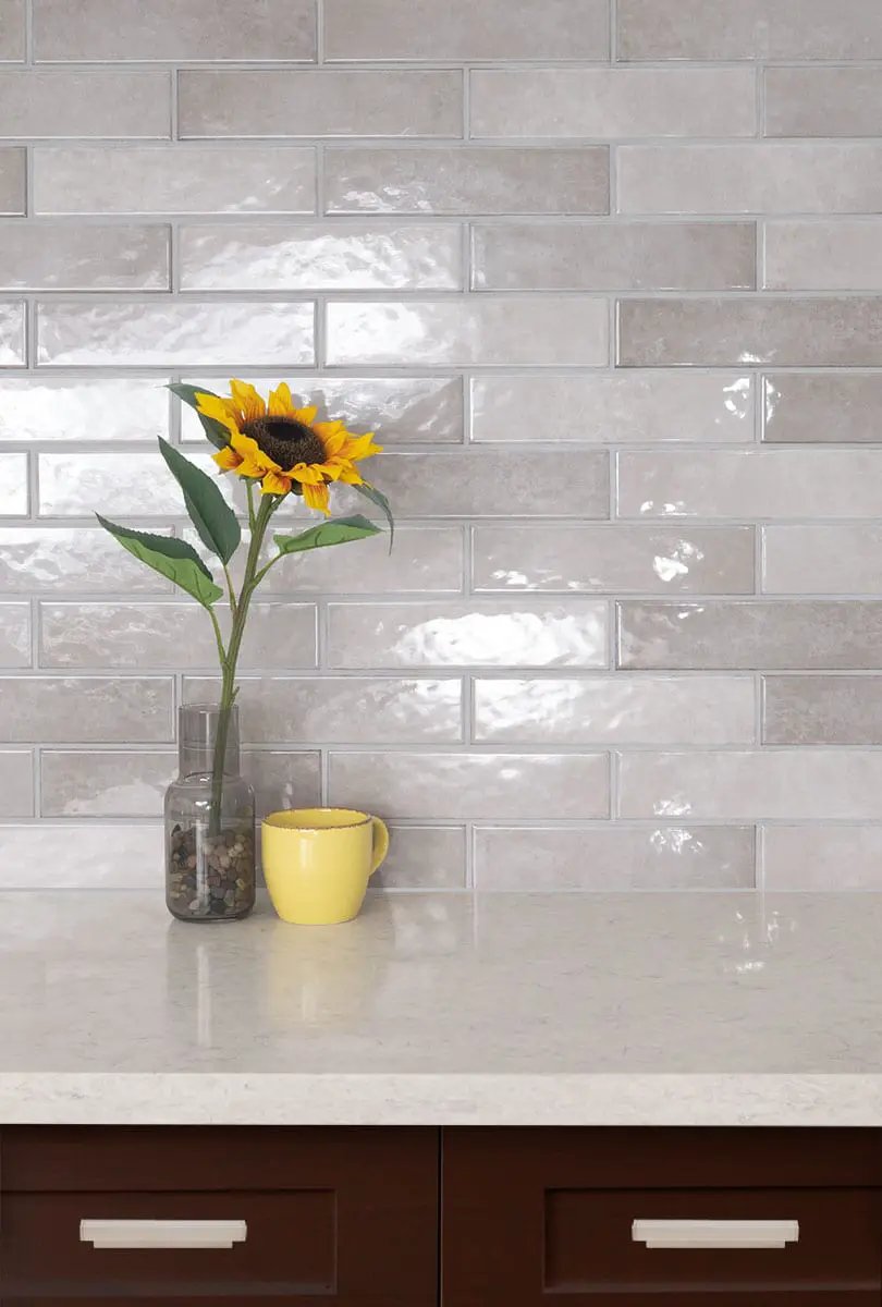 Renzo Sterling 3x12 Tile Glossy Ceramic Mosaics 5x5 in a finished room
