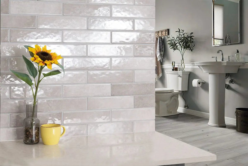 Renzo Sterling 3x12 Tile Glossy Ceramic Mosaics 0.6x12 in a finished room