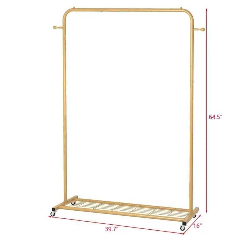 Modern Garment Rack Clothes Hanging Rod with Lockable Wheels in Gold by HomePacific