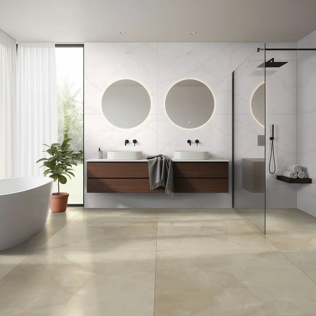 Sande Cream Matte Marble Look Porcelain Tiles 24x24 in a finished room