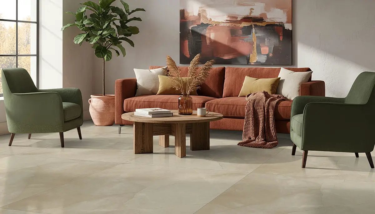 Sande Cream Matte Marble Look Porcelain Tiles 12x24 in a finished room