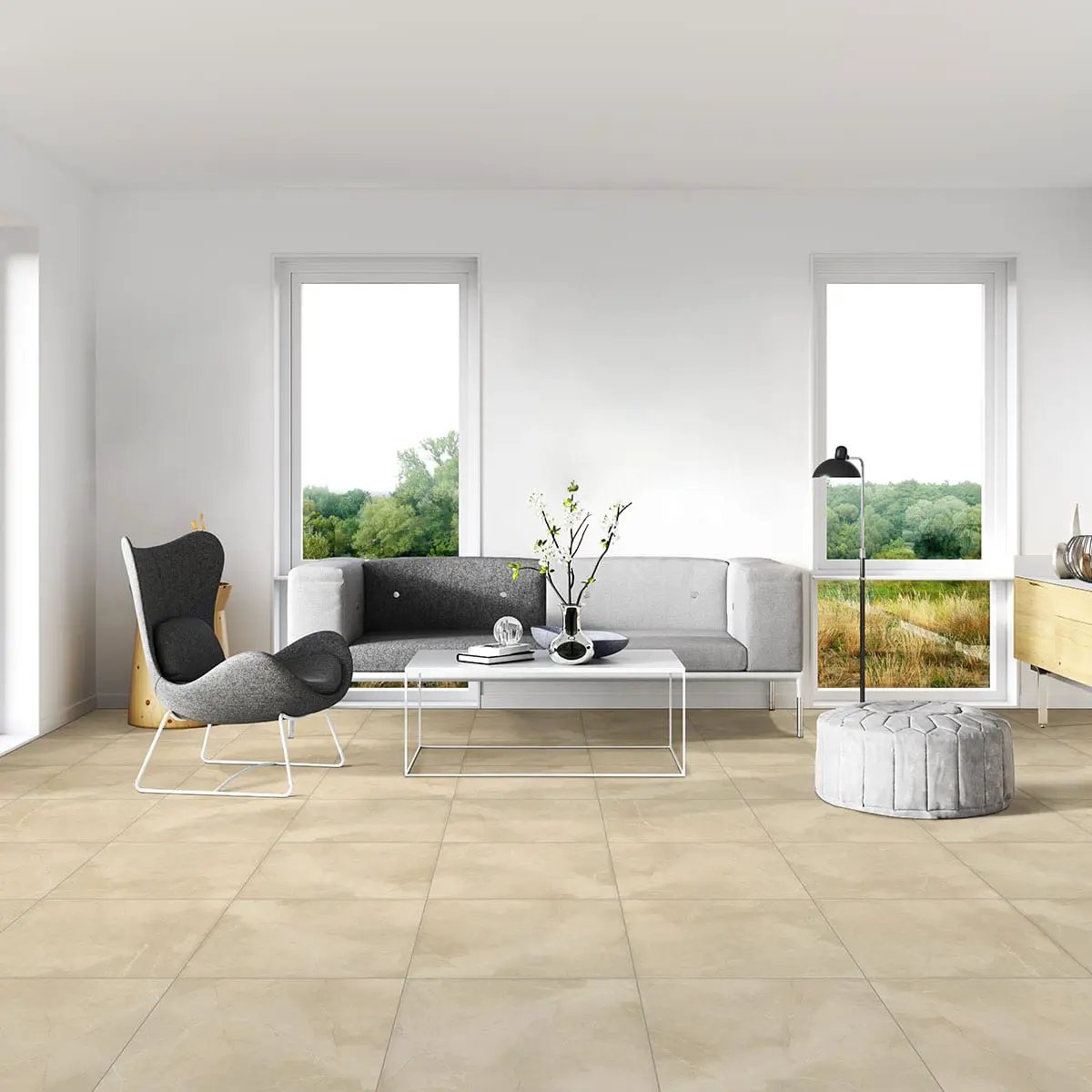 Sande Cream Polished Marble Look Porcelain Tiles 24x24 in a finished room
