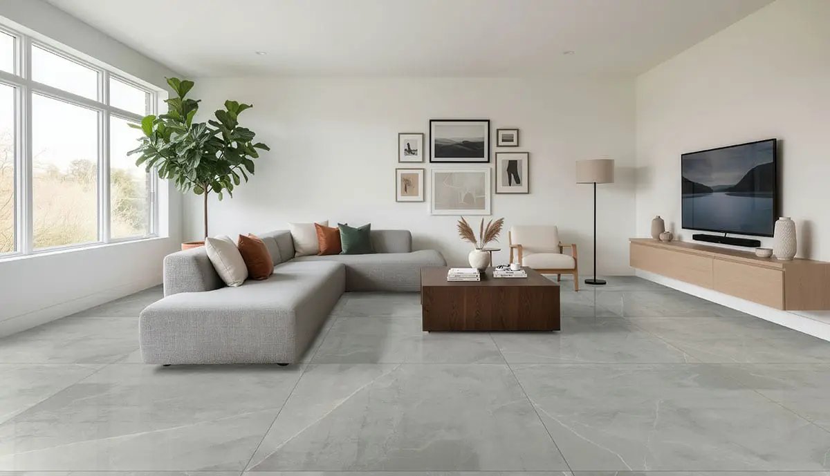 Sande Grey Matte Marble Look Porcelain Tiles 24x48 in a finished room
