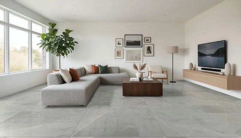 Sande Grey Matte Marble Look Porcelain Mosaics 2x2 2 in a finished room