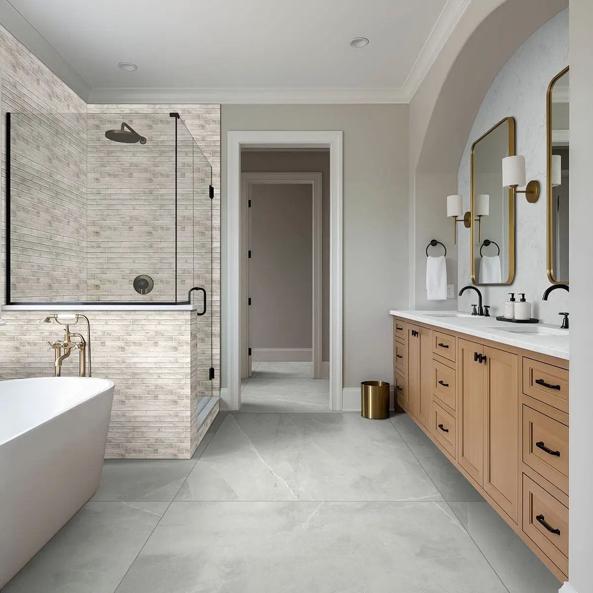 Sande Grey Polished Bullnose Marble Look Porcelain Moldings 3x18 in a finished room