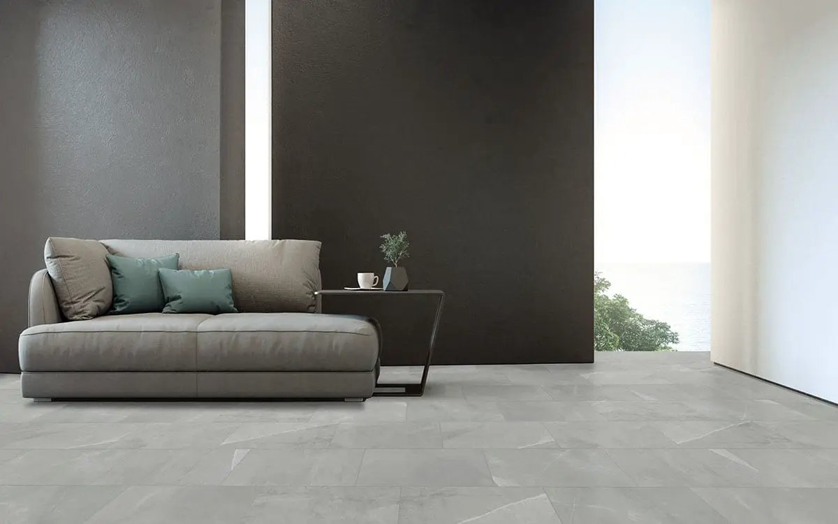 Sande Grey Matte Marble Look Porcelain Tiles 48x48 in a finished room
