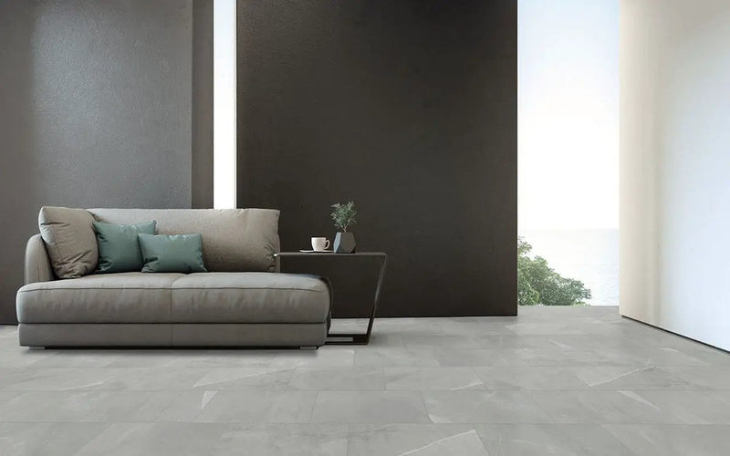 Sande Grey Polished Marble Look Porcelain Tiles 48x48 in a finished room