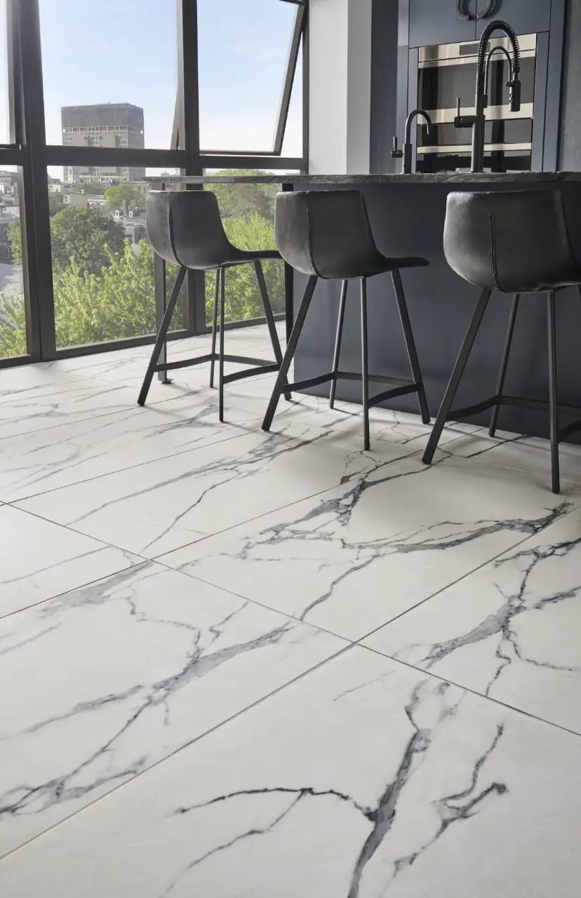 Savoy Azula Polished Marble Look Porcelain Tiles 12x24 in a finished room