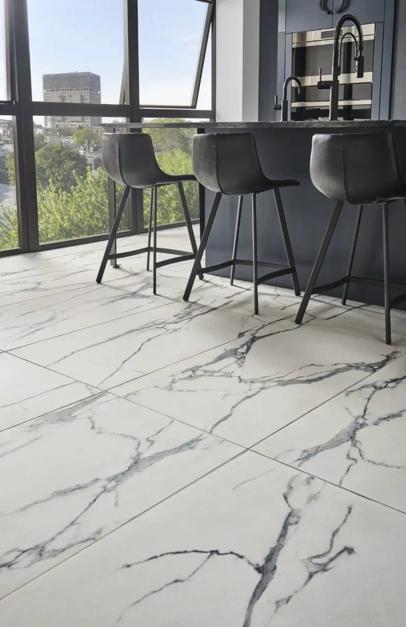 Savoy Azula Polished Marble Look Porcelain Tiles 12x24 in a finished room