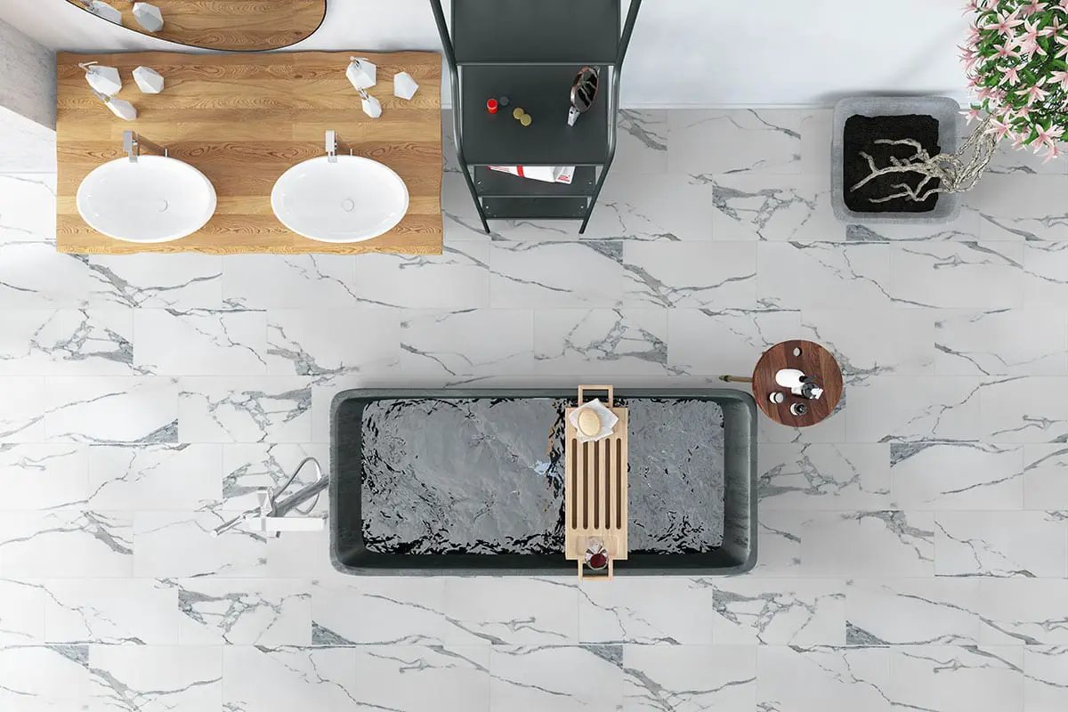 Savoy Azula Polished Marble Look Porcelain Tiles 24x48 in a finished room