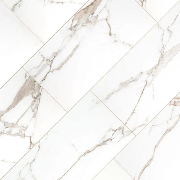Savoy Crema Polished Marble Look Porcelain Tiles 24x48 angled view