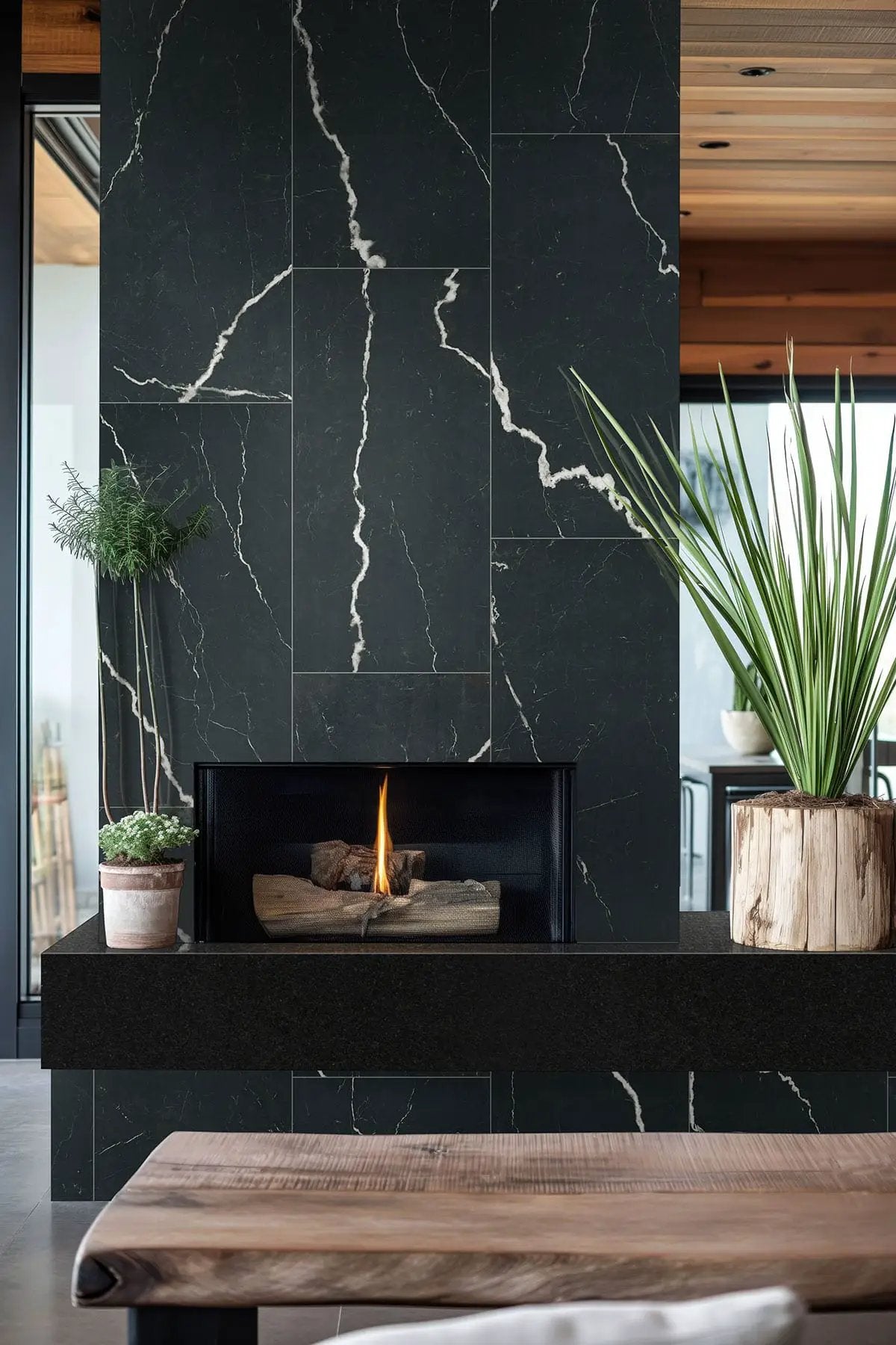 Exotika Soho Noir Polished Marble Look Porcelain Tiles 24x48 in a finished room