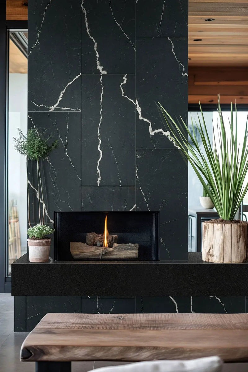 Exotika Soho Noir Polished Marble Look Porcelain Tiles 24x48 in a finished room