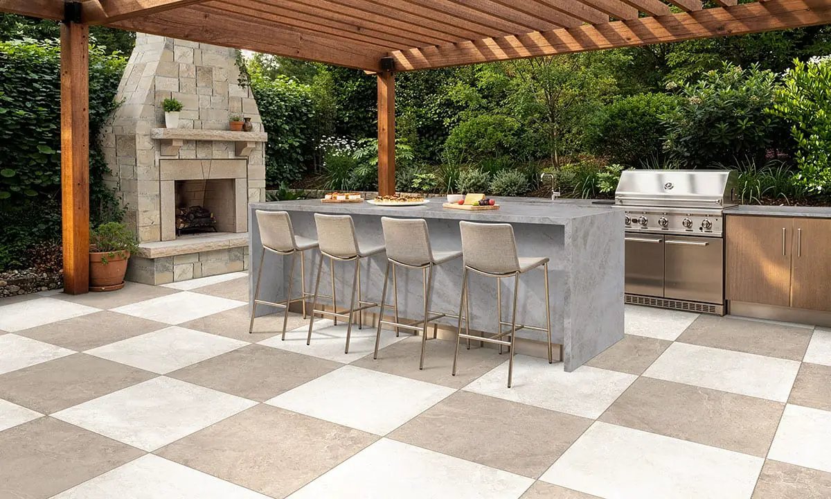 Soreno Taupe Matte Porcelain Pool Copings 13x24 in a finished room