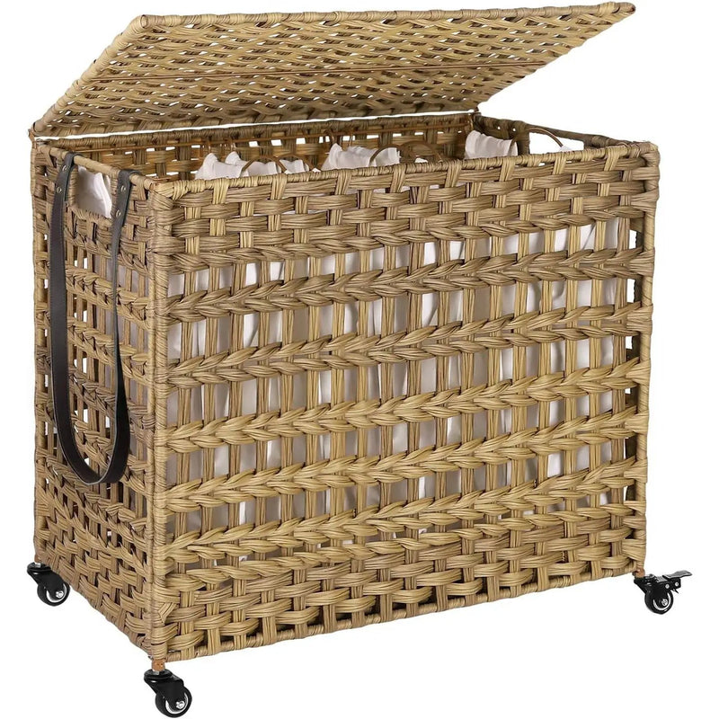 Tan PP Rattan 3-Basket Laundry Hamper Sorter Cart with Removable Cotton Bags by HomePacific