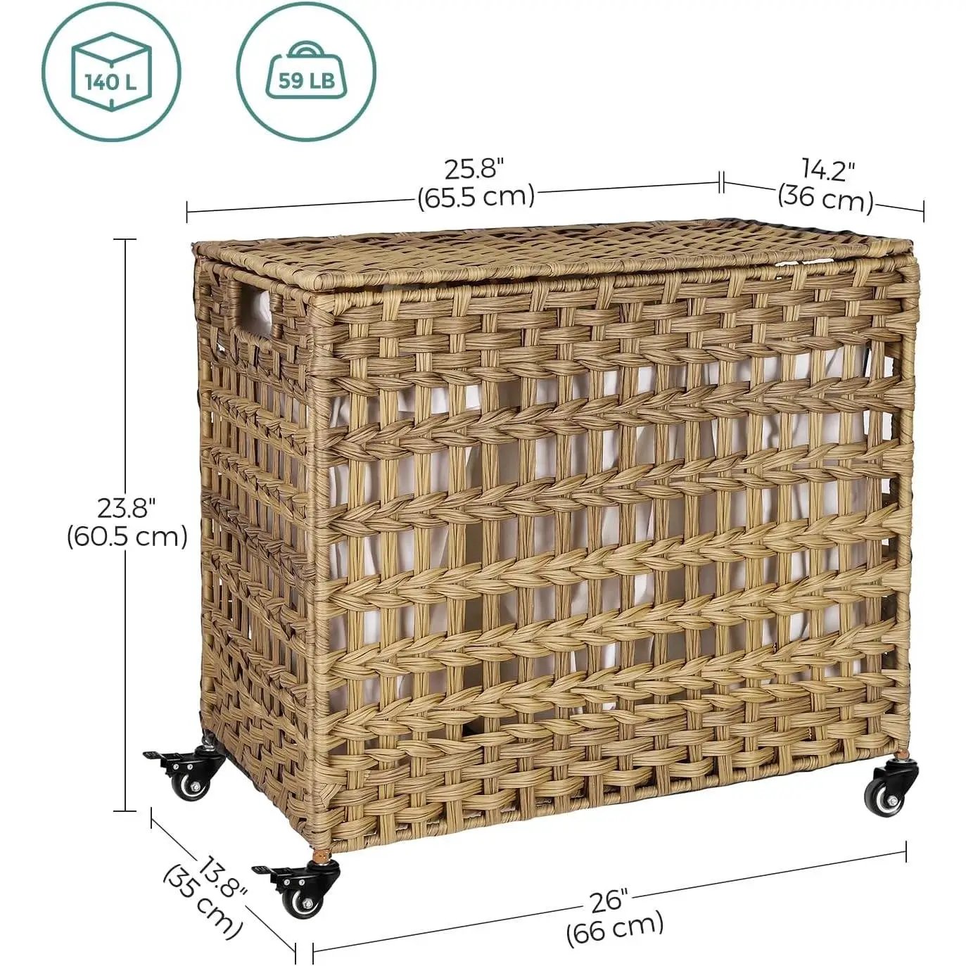 Tan PP Rattan 3-Basket Laundry Hamper Sorter Cart with Removable Cotton Bags by HomePacific