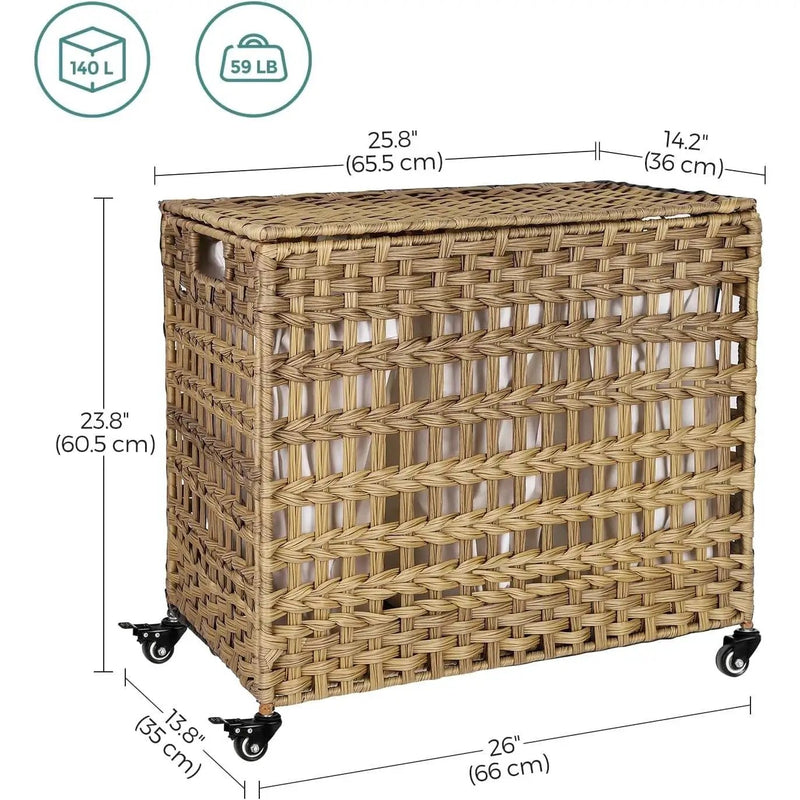 Tan PP Rattan 3-Basket Laundry Hamper Sorter Cart with Removable Cotton Bags by HomePacific