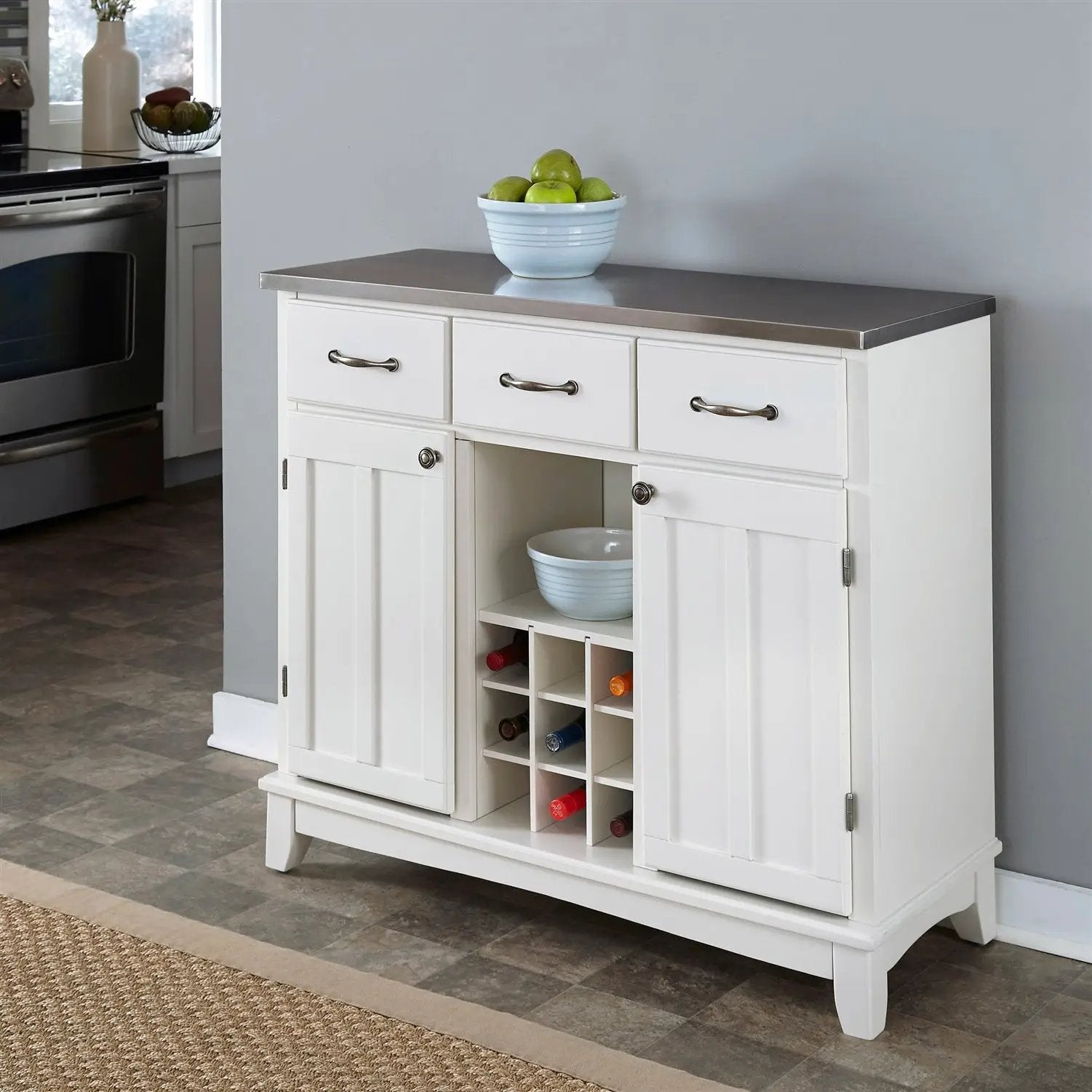 Stainless Steel Top Kitchen Island Sideboard Cabinet Wine Rack in White by HomePacific