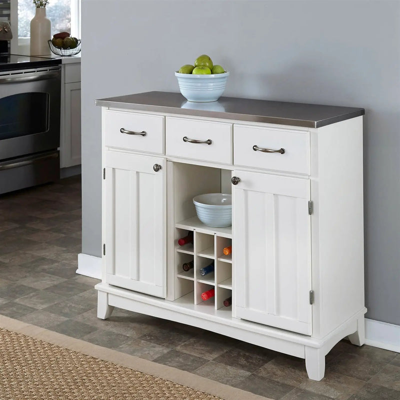 Stainless Steel Top Kitchen Island Sideboard Cabinet Wine Rack in White by HomePacific