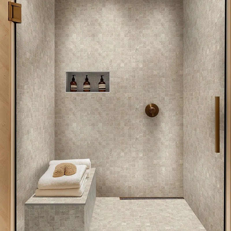 Traktion Stowe Desert Amber Matte Slate Look Porcelain Tiles 15x30 in a finished room