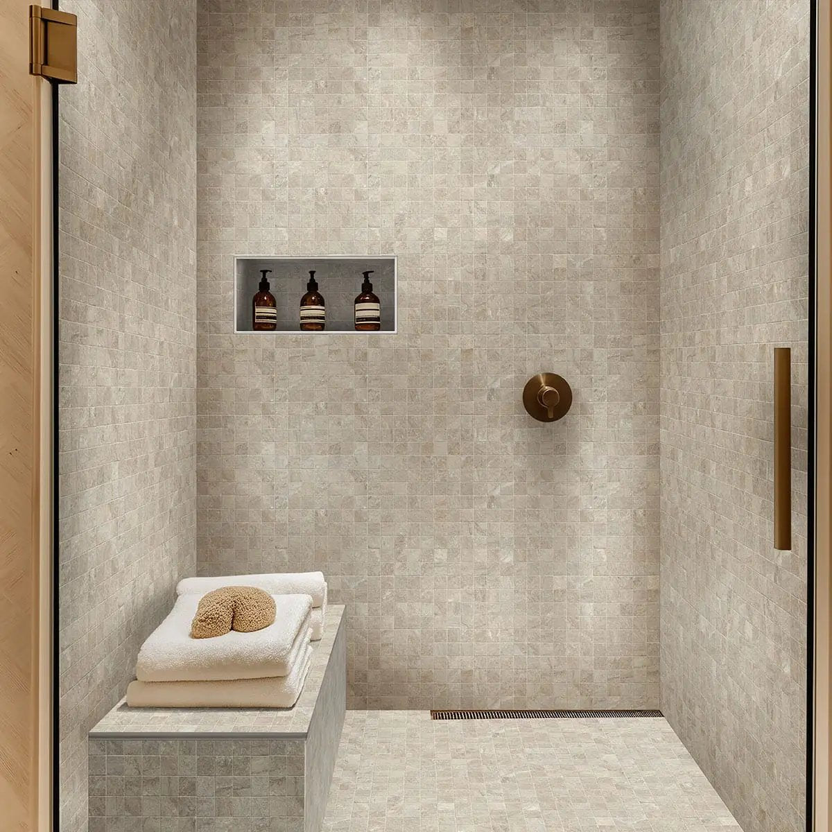 Traktion Stowe Desert Amber Matte Slate Look Porcelain Mosaics 2x2 in a finished room