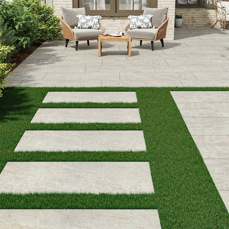 Legions Taja Ivory Matte Porcelain Pavers 24x48 in a finished room