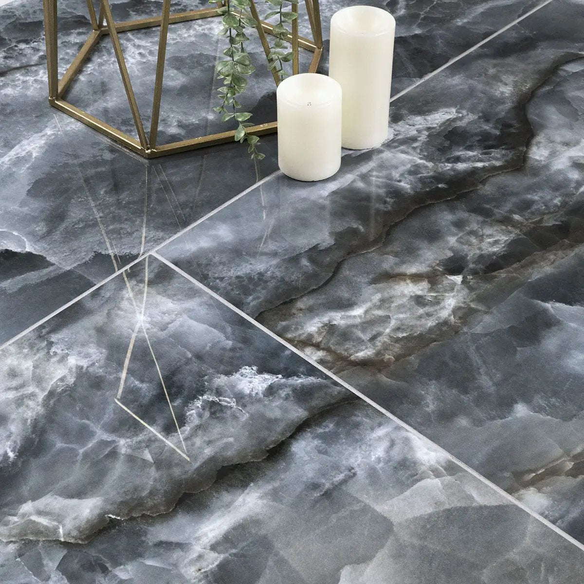 Exotika Tourmaline Polished Marble Look Porcelain Tiles 24x48 in a finished room