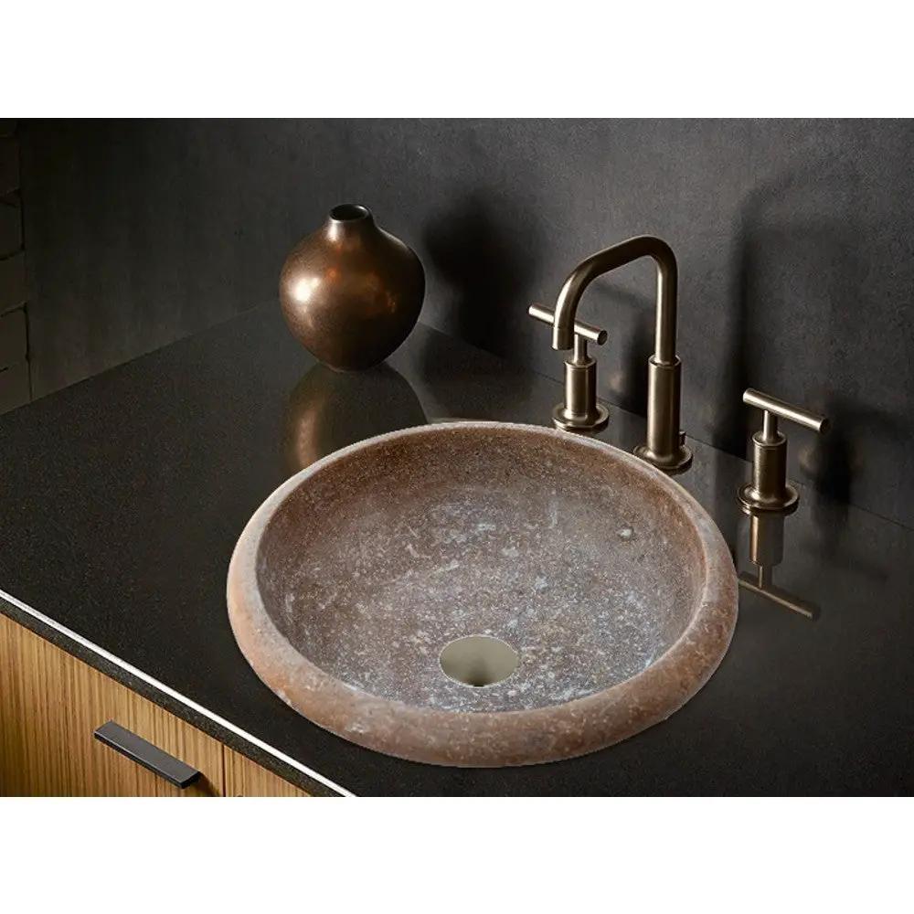 Noce Brown Turkish Travertine Natural Stone Drop-in Sink - Handcrafted Honed and Filled by GobekDesign