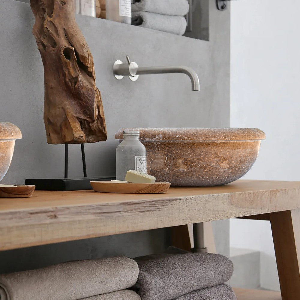 Noce Brown Travertine Natural Stone Drop-in Sink Honed and Filled by GobekDesign