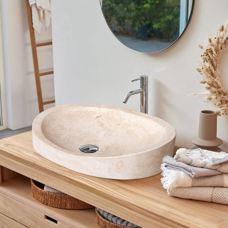Natural Stone Light Travertine Special Design Vessel Sink Honed and Filled (W)16" (L)21.5" (H)6" by GobekDesign