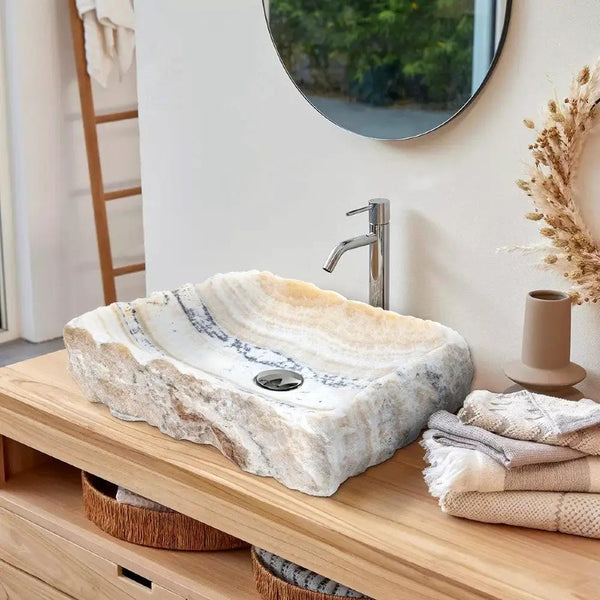 Honey Onyx Natural Stone Vessel Sink - Rustic Handcrafted 13x16