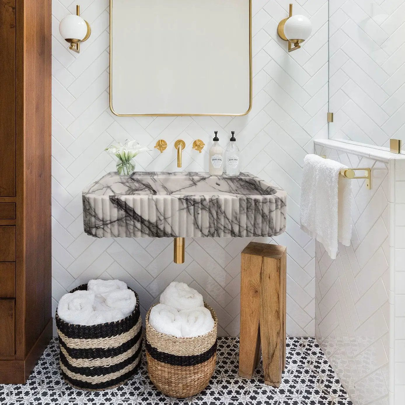New York Marble Wall Mount Bathroom Sink Ribbed Textured Finish - 24 Inch Length by GobekDesign